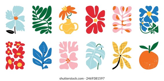 Botanical doodle background art vector set. Flower and leaves abstract shape doodle art design for print, wallpaper, clipart, wall art for home decoration.