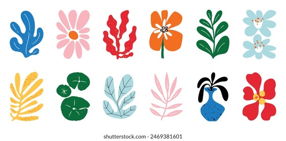 Botanical doodle background art vector set. Flower and leaves abstract shape doodle art design for print, wallpaper, clipart, wall art for home decoration.