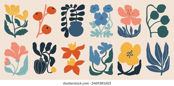 Botanical doodle background art vector set. Flower and leaves abstract shape doodle art design for print, wallpaper, clipart, wall art for home decoration.