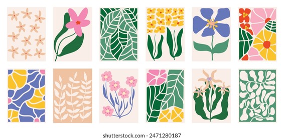 Botanical doodle background art vector set. Flower and leaves abstract shape doodle art design for print, wallpaper, clipart, wall art for home decoration.