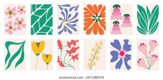 Botanical doodle background art vector set. Flower and leaves abstract shape doodle art design for print, wallpaper, clipart, wall art for home decoration.