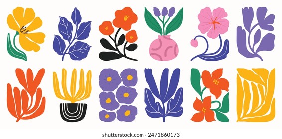 Botanical doodle background art vector set. Flower and leaves abstract shape doodle art design for print, wallpaper, clipart, wall art for home decoration.