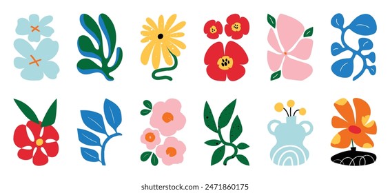 Botanical doodle background art vector set. Flower and leaves abstract shape doodle art design for print, wallpaper, clipart, wall art for home decoration.