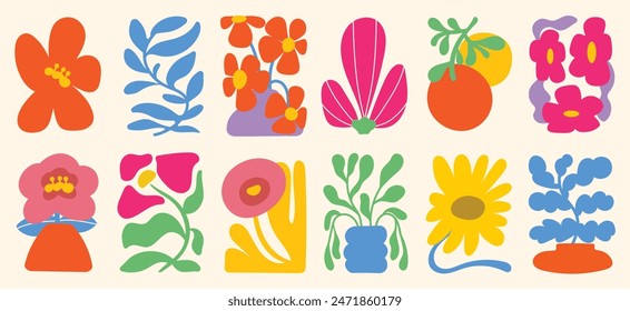Botanical doodle background art vector set. Flower and leaves abstract shape doodle art design for print, wallpaper, clipart, wall art for home decoration.