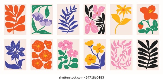 Botanical doodle background art vector set. Flower and leaves abstract shape doodle art design for print, wallpaper, clipart, wall art for home decoration.