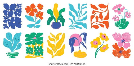 Botanical doodle background art vector set. Flower and leaves abstract shape doodle art design for print, wallpaper, clipart, wall art for home decoration.