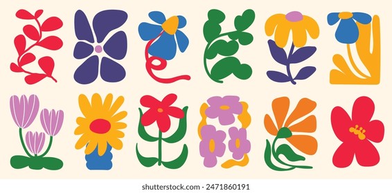 Botanical doodle background art vector set. Flower and leaves abstract shape doodle art design for print, wallpaper, clipart, wall art for home decoration.