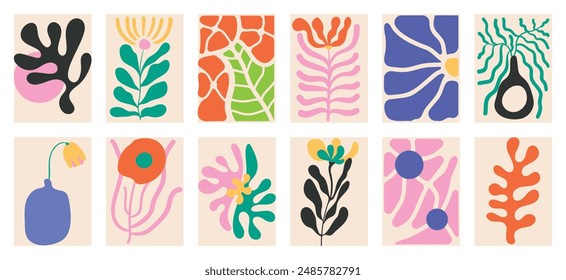 Conjunto de Vector de arte de fondo de garabato botánico. Flor y hojas forma abstracta doodle diseño de arte para impresión, Fondo de pantalla, Clipart, arte de la pared para la decoración del hogar.