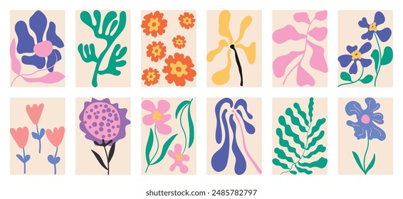 Botanical doodle background art vector set. Flower and leaves abstract shape doodle art design for print, wallpaper, clipart, wall art for home decoration.