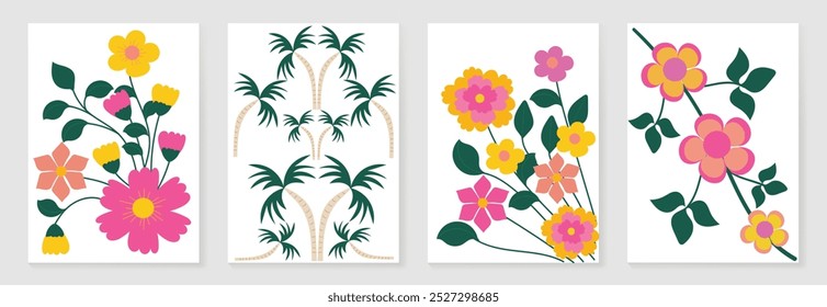 Botanical doodle background art vector set. Flower and leaves abstract shape doodle art design for print, wallpaper, clipart, wall art for home decoration.