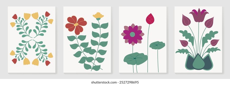 Botanical doodle background art vector set. Flower and leaves abstract shape doodle art design for print, wallpaper, clipart, wall art for home decoration.
