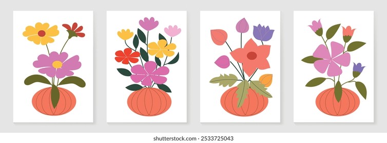 Botanical doodle background art vector set. Flower and leaves abstract shape doodle art design for print, wallpaper, clipart, wall art for home decoration.