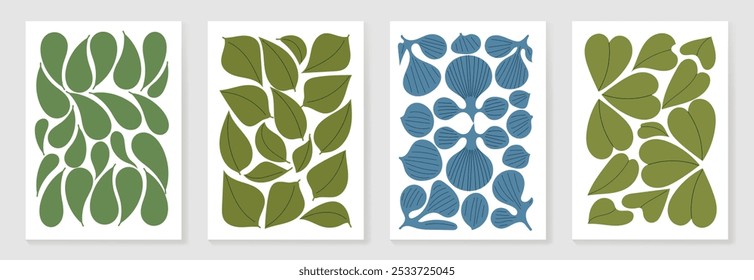 Conjunto de Vector de arte de fondo de doodle botánico. Flor y hojas de forma abstracta doodle diseño de arte para impresión, Fondo de pantalla, Clipart, arte de la pared para la decoración del hogar.