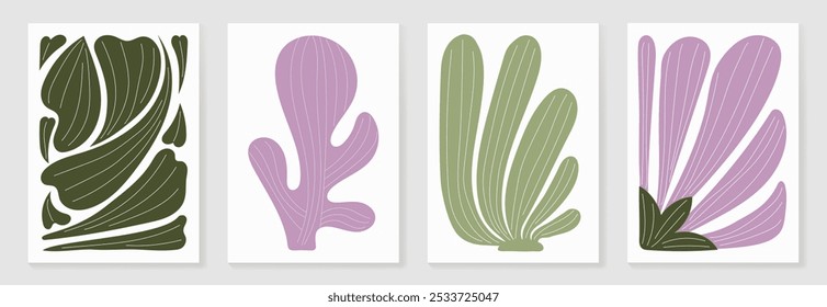 Botanical doodle background art vector set. Flower and leaves abstract shape doodle art design for print, wallpaper, clipart, wall art for home decoration.