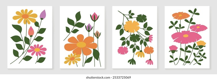 Conjunto de vetor de arte de fundo de doodle botânico. Flor e folhas forma abstrata design de arte rabiscar para impressão, papel de parede, clipart, arte de parede para decoração de casa.