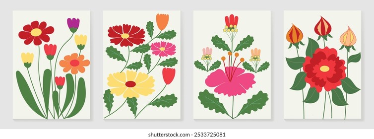 Conjunto de vetor de arte de fundo de doodle botânico. Flor e folhas forma abstrata design de arte rabiscar para impressão, papel de parede, clipart, arte de parede para decoração de casa.
