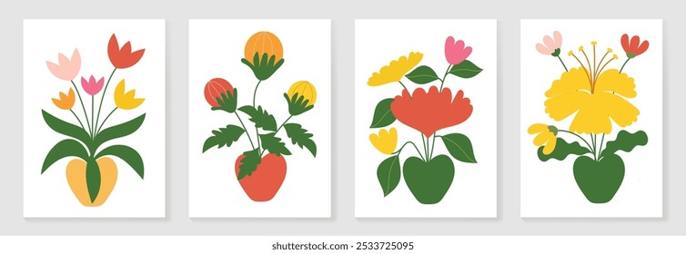 Conjunto de vetor de arte de fundo de doodle botânico. Flor e folhas forma abstrata design de arte rabiscar para impressão, papel de parede, clipart, arte de parede para decoração de casa.