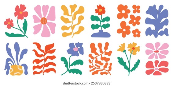 Conjunto de Vector de arte de fondo de doodle botánico. Flor y hojas de forma abstracta doodle diseño de arte para impresión, Fondo de pantalla, Clipart, arte de la pared para la decoración del hogar.