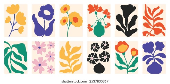 Botanical doodle background art vector set. Flower and leaves abstract shape doodle art design for print, wallpaper, clipart, wall art for home decoration.