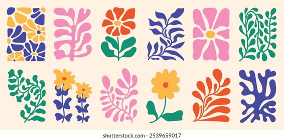 Conjunto de vetor de arte de fundo de doodle botânico. Flor e folhas forma abstrata design de arte rabiscar para impressão, papel de parede, clipart, arte de parede para decoração de casa.