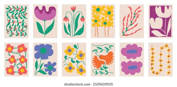 Conjunto de Vector de arte de fondo de doodle botánico. Flor y hojas de forma abstracta doodle diseño de arte para impresión, Fondo de pantalla, Clipart, arte de la pared para la decoración del hogar.