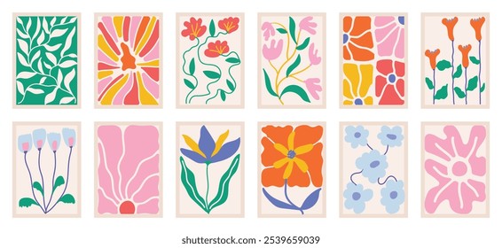 Conjunto de vetor de arte de fundo de doodle botânico. Flor e folhas forma abstrata design de arte rabiscar para impressão, papel de parede, clipart, arte de parede para decoração de casa.