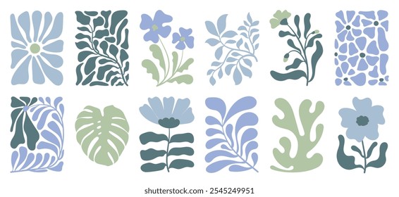 Conjunto de Vector de arte de fondo de doodle botánico. Flor y hojas de forma abstracta doodle diseño de arte para impresión, Fondo de pantalla, Clipart, arte de la pared para la decoración del hogar.