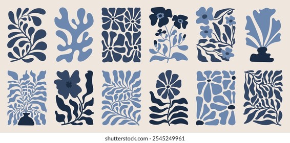 Botanical doodle background art vector set. Flower and leaves abstract shape doodle art design for print, wallpaper, clipart, wall art for home decoration.