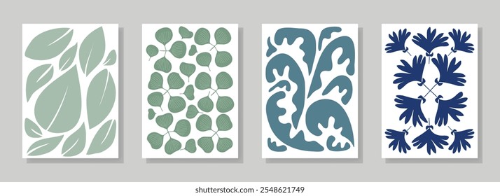 Botanical doodle background art vector set. Flower and leaves abstract shape doodle art design for print, wallpaper, clipart, wall art for home decoration.