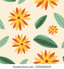 Botanical doodle background art vector set yellow orange seamless pattern. Flower and leaves abstract shape doodle art design for print, wallpaper, clipart, wall art for home decoration.