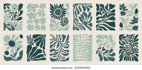 Botanical doodle background art vector set. Flower and leaves abstract shape doodle art design for print, wallpaper, clipart, wall art for home decoration.