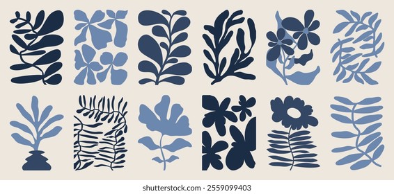 Botanical doodle background art vector set. Flower and leaves abstract shape doodle art design for print, wallpaper, clipart, wall art for home decoration.