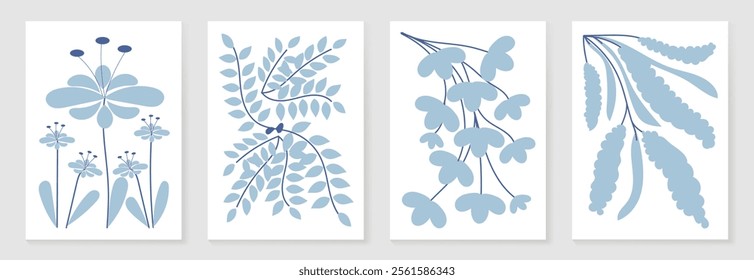 Botanical doodle background art vector set. Flower and leaves abstract shape doodle art design for print, wallpaper, clipart, wall art for home decoration.