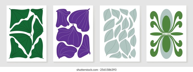 Botanical doodle background art vector set. Flower and leaves abstract shape doodle art design for print, wallpaper, clipart, wall art for home decoration.