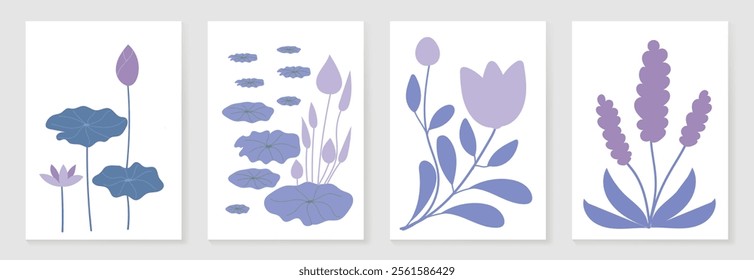 Botanical doodle background art vector set. Flower and leaves abstract shape doodle art design for print, wallpaper, clipart, wall art for home decoration.