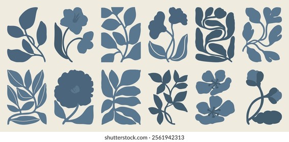 Botanical doodle background art vector set. Flower and leaves abstract shape doodle art design for print, wallpaper, clipart, wall art for home decoration.