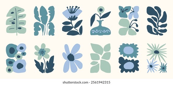 Botanical doodle background art vector set. Flower and leaves abstract shape doodle art design for print, wallpaper, clipart, wall art for home decoration.