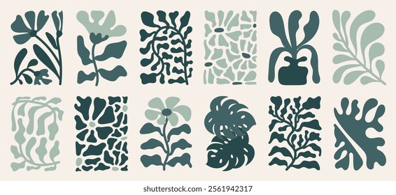 Botanical doodle background art vector set. Flower and leaves abstract shape doodle art design for print, wallpaper, clipart, wall art for home decoration.