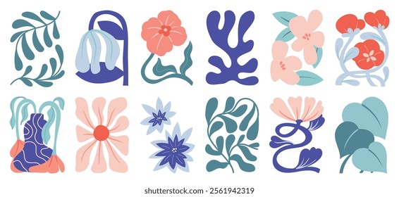 Botanical doodle background art vector set. Flower and leaves abstract shape doodle art design for print, wallpaper, clipart, wall art for home decoration.