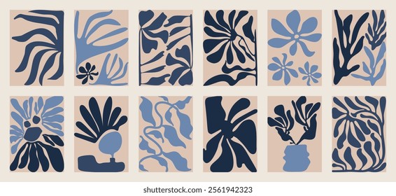 Botanical doodle background art vector set. Flower and leaves abstract shape doodle art design for print, wallpaper, clipart, wall art for home decoration.