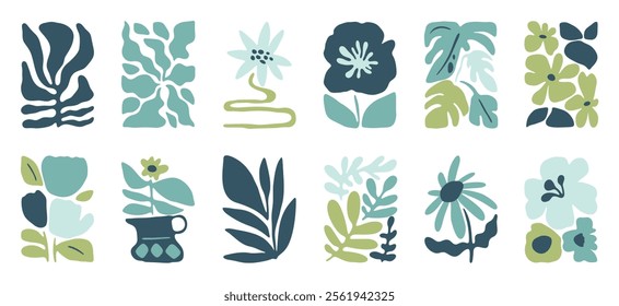 Botanical doodle background art vector set. Flower and leaves abstract shape doodle art design for print, wallpaper, clipart, wall art for home decoration.