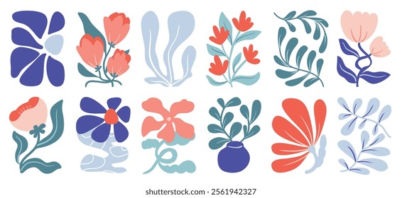 Botanical doodle background art vector set. Flower and leaves abstract shape doodle art design for print, wallpaper, clipart, wall art for home decoration.