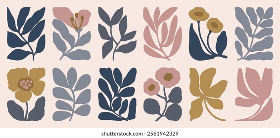 Botanical doodle background art vector set. Flower and leaves abstract shape doodle art design for print, wallpaper, clipart, wall art for home decoration.