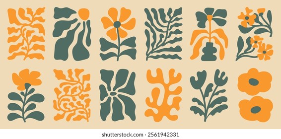 Botanical doodle background art vector set. Flower and leaves abstract shape doodle art design for print, wallpaper, clipart, wall art for home decoration.