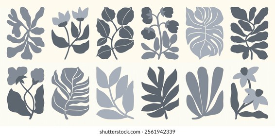 Botanical doodle background art vector set. Flower and leaves abstract shape doodle art design for print, wallpaper, clipart, wall art for home decoration.