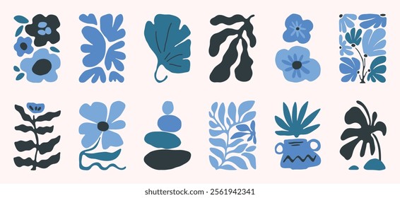 Botanical doodle background art vector set. Flower and leaves abstract shape doodle art design for print, wallpaper, clipart, wall art for home decoration.