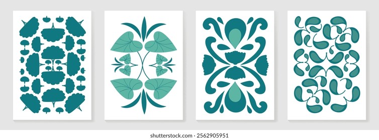 Botanical doodle background art vector set. Flower and leaves abstract shape doodle art design for print, wallpaper, clipart, wall art for home decoration.