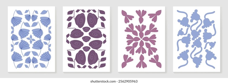 Botanical doodle background art vector set. Flower and leaves abstract shape doodle art design for print, wallpaper, clipart, wall art for home decoration.