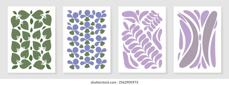 Botanical doodle background art vector set. Flower and leaves abstract shape doodle art design for print, wallpaper, clipart, wall art for home decoration.