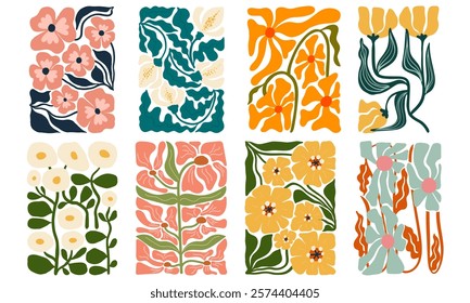 Botanical doodle background art vector set. Flower and leaves abstract shape doodle art design for print, wallpaper, clipart, wall art for home decoration.